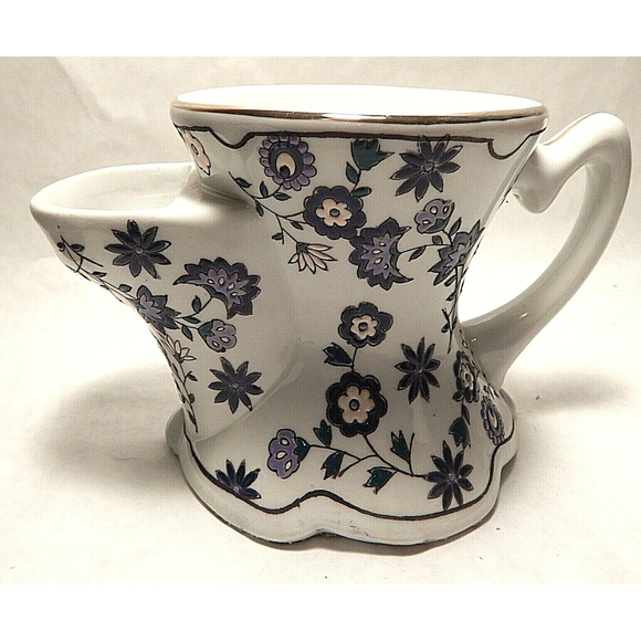 Pottery Shaving Scuttle Mug White with Blue Flowers Unbranded - Picture 2 of 12